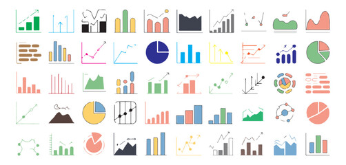 Set of colorful financial charts and graphs vector line icons for business data analysis