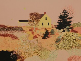 Stylized rural house on a hill, painted in warm hues with a quaint, pastoral aesthetic and simplified forms.