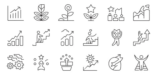 Set of linear business growth and personal success vector icons for corporate advancement