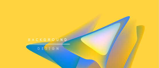 Abstract yellow background features layered blue, orange shapes. Modern design elements create dynamic visual impact. Simple text overlay present.