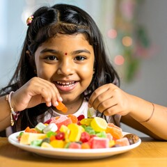 Smiling girl eating colorful candies