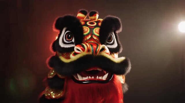 A highly realistic lion dance illuminated by ultra-bright cinematic lighting, creating deep contrast and reflective highlights on the lion&rsquo;s eyes, fur, and glitter patterns