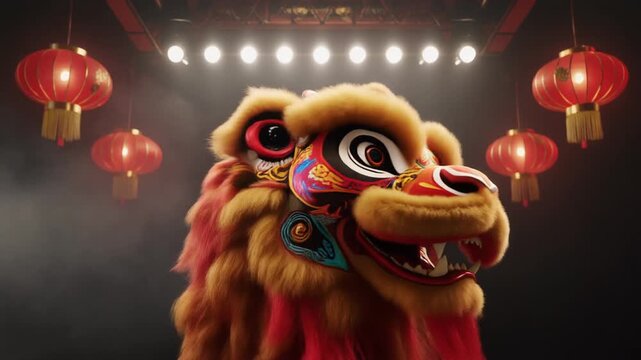 Hyper-realistic lion dance under ultra-intense cinematic lighting, with the lion&rsquo;s fur glowing softly from powerful overhead key lights and warm lantern fill lights. The lion head shows lifelike textu