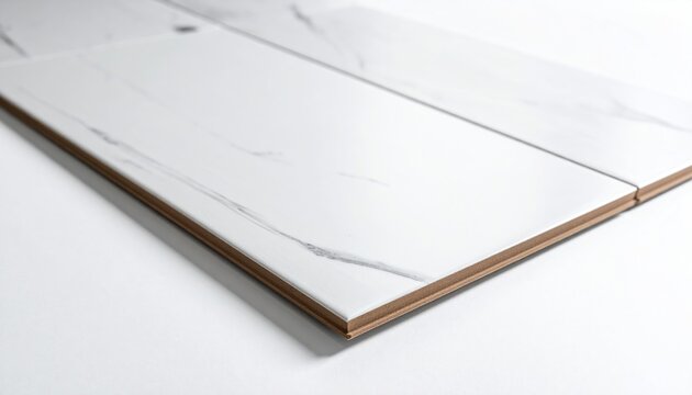 Closeup of white marble effect laminate flooring plank edge.