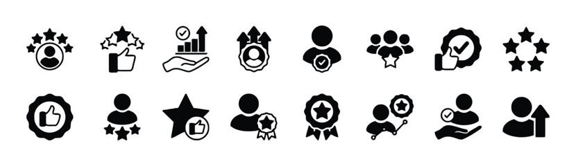 Black and White Icons Representing Customer Feedback and Ratings Keywords: rating, feedback, review, stars, thumbs up, approval, success, achievement, customer, service, satisfaction