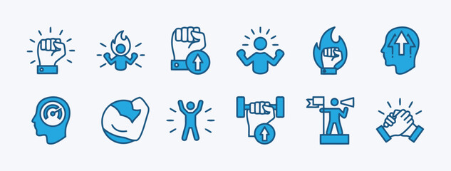 Blue Icons Illustrating Strength, Motivation, and Achievement Keywords: strength, power, motivation, achievement, success, fitness, workout, muscle, determination, victory, leadership
