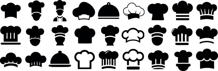 Collection of Black Chef Hat Icons Keywords: chef hat, cook hat, toque blanche, hat, headwear, culinary, cooking, food, restaurant, icon, symbol, graphic, design, illustration, set