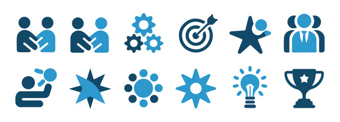 Business and success related icons representing collaboration strategy leadership and goals