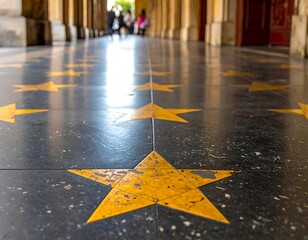 Corridor with yellow star tile markers leading toward blurred people