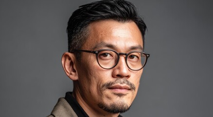 Close up portrait of man with glasses against gray background