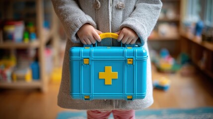 Child in Doctor Outfit Holding Blue First Aid Case with Yellow Cross