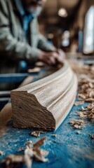 manufacture wood craftsman shaping curved oak molding on workbench with sawdust in workshop for furniture production