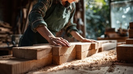 artisan woodworker arranging milled lumber blocks in sunlit workshop with sawdust and hand tools &mdash; manufacture wood production and craftsmanship