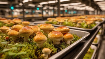 indoor mushroom farm trays with golden-cap mushrooms growing on moss substrate in commercial vertical cultivation facility