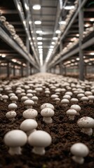 Indoor mushroom farm with rows of white button mushrooms on trays in controlled-environment cultivation facility for commercial production