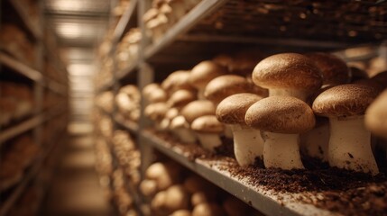 mushroom farm interior with tan-capped mushrooms on stacked trays and metal racks, warm tungsten side light, shallow focus cinematic