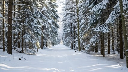 Narrow forest path blanketed in fresh pure snow