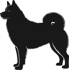 Fluffy dog silhouette with curled tail standing in profile featuring thick fur and elegant lines for pet graphics, flat vector illustration