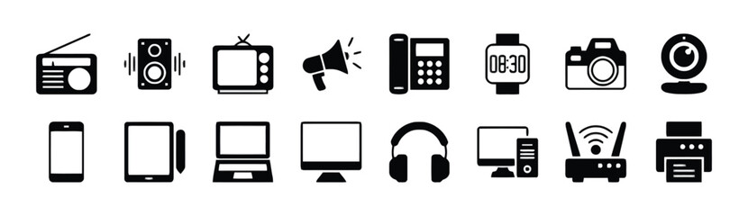 Collection of Electronic Device and Technology Icons Keywords: technology, electronics, device, icon, computer, laptop, tablet, smartphone, radio, speaker, television, megaphone, telephone