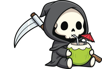 Flat vector illustration of a cute skeleton grim reaper drinking coconut water with an umbrella, playful and fun design.