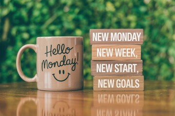 Hello monday motivational quote on coffee mug next to wooden blocks with inspirational words for a new week