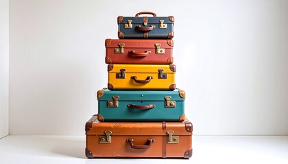 Stacked vintage suitcases in vibrant colors against a plain background