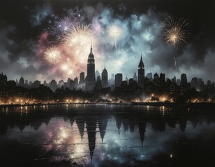 Fototapeta premium The city panorama illuminated by New Year's Eve fireworks