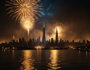 Panorama miasta rozświetlona sylwestrowymi fajerwerkami