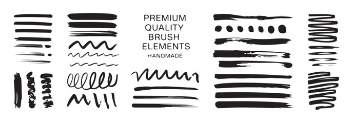 Premium quality brush elements handmade black lines and shapes isolated on white background
