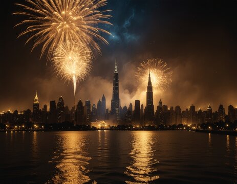 Panorama miasta rozświetlona sylwestrowymi fajerwerkami