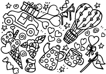 A charming black-and-white doodle filled with love-themed icons &mdash; hearts, hot air balloons, gifts, and polka-dot mugs. Playful and sweet, this hand-drawn design celebrates romance, cozy dates, and joy