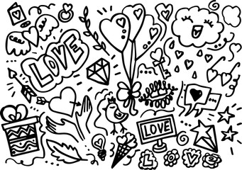 A joyful black-and-white doodle bursting with love symbols &mdash; hearts, balloons, gifts, and &ldquo;LOVE&rdquo; letters. Playful, sweet, and full of charm, this hand-drawn design celebrates romance, joy, and affecti