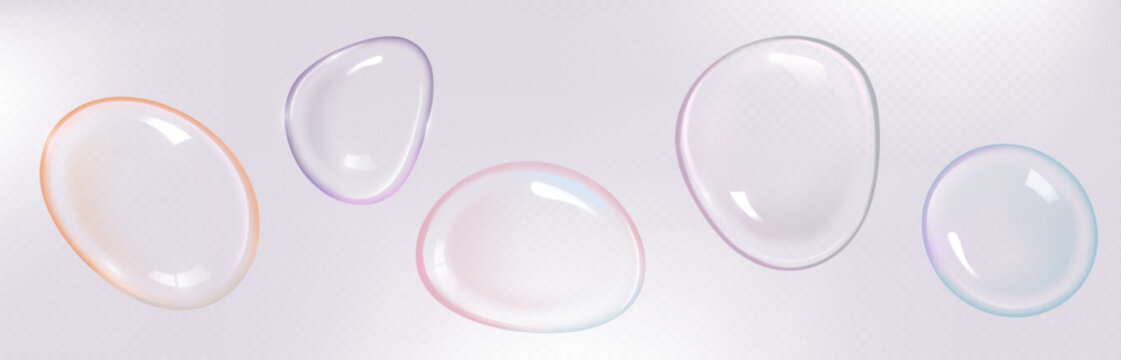 Realistic glass soap ball set with vibrant rainbow gradient and holographic sheen. Transparent 3D liquid bubble sphere with iridescent light refraction, colorful overlay and fluid water texture.