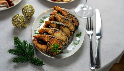 Christmas Eve table with fried carp