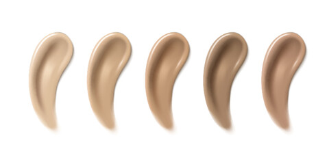 Makeup foundation swatches set isolated on white background. Vector realistic illustration of natural skin color BB cream strokes, light beige and dark tone concealer drops, cosmetic smudge texture