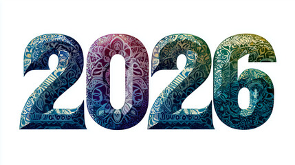 2026 is made with a gradient dark blue, purple, and green medallion pattern isolated on a white background.