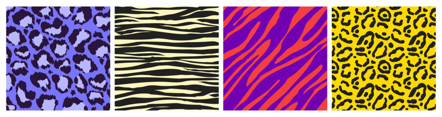 Psychedelic seamless animal patterns set. Vector realistic illustration of neon color leopard, jaguar, zebra, tiger prints with bright spots stripes, y2k groovy wallpaper background, trippy design © klyaksun
