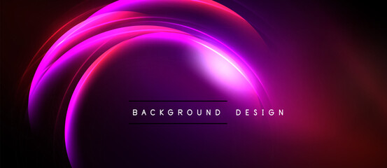 Abstract purple neon glow. Curved lines create dynamic visual effect. Dark background emphasizes bright illumination. Modern design element.
