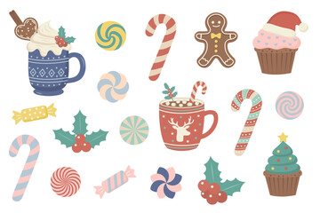 Vector set of festive Christmas sweets and drinks: cocoa mugs, candy canes, gingerbread man, holly, and holiday cupcakes