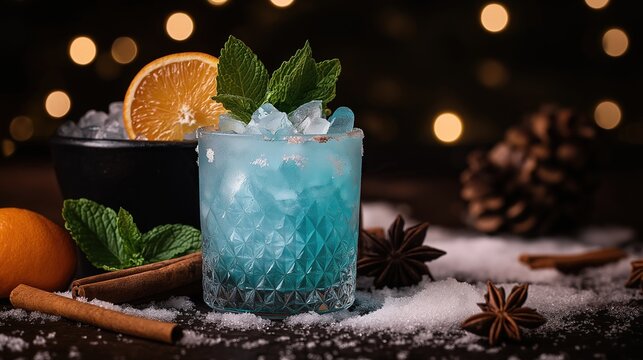 A blue cocktail with ice cubes, mint leaves, and orange slices sits on a Christmas decorated table with snow, cinnamon sticks, and a dark bokeh background