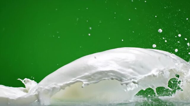 Fresh White Milk Splashes in an Elegant Arc in Super Slow Motion on a Green Background