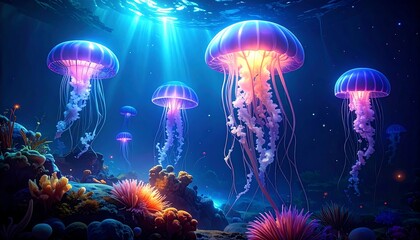 Luminescent jellyfish pulsate amidst vibrant coral reef illuminated by sunbeams in deep blue ocean water
