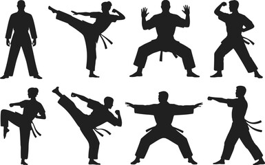 Martial arts silhouettes, karate poses, taekwondo kicks, black uniformed fighters, combat stances, vector icons, flat vector illustration