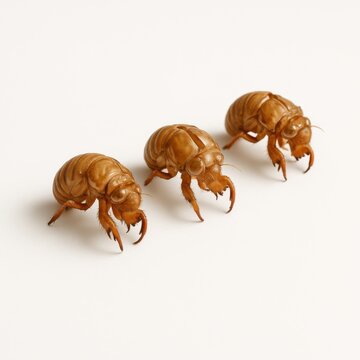 Professional studio photo three empty cicada shells arranged in gentle curve from front to back on smooth white surface each turned at slightly different angle