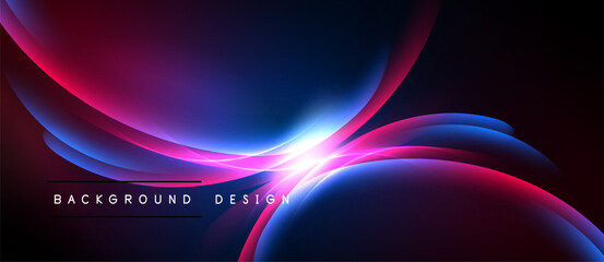 Abstract flowing shapes, vibrant magenta, blue hues. Light burst creates dynamic visual impact. Dark background emphasizes color gradients.