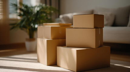 Fototapeta premium A stack of cardboard boxes in a minimalist living room during a move, sunlight filtering through blinds as a couple labels each box with markers — home relocation, new beginnings, and cozy domestic