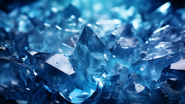 Abstract blue ice crystals with sharp geometric shapes and glossy reflections, frozen texture background, macro view, cold winter atmosphere, crystalline structure, high detail