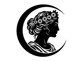 Elegant black silhouette of a woman's head in profile with a floral crown, set against a crescent moon, symbolizing beauty and nature.