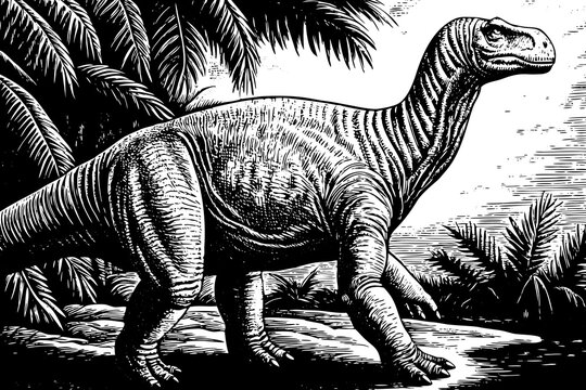 iguanodon drawn mid-step with textured skin details and calm herbivorous posture emphasizing prehistoric wildlife presence
