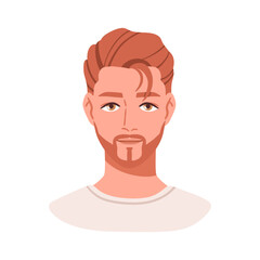 Man avatar, head portrait. Handsome young male face with neat beard, haircut, hairstyle. Well-groomed person with modern hair style, user profile. Flat vector illustration isolated on white background